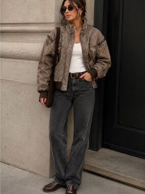 Vintage Distressed Leather Bomber Jacket S